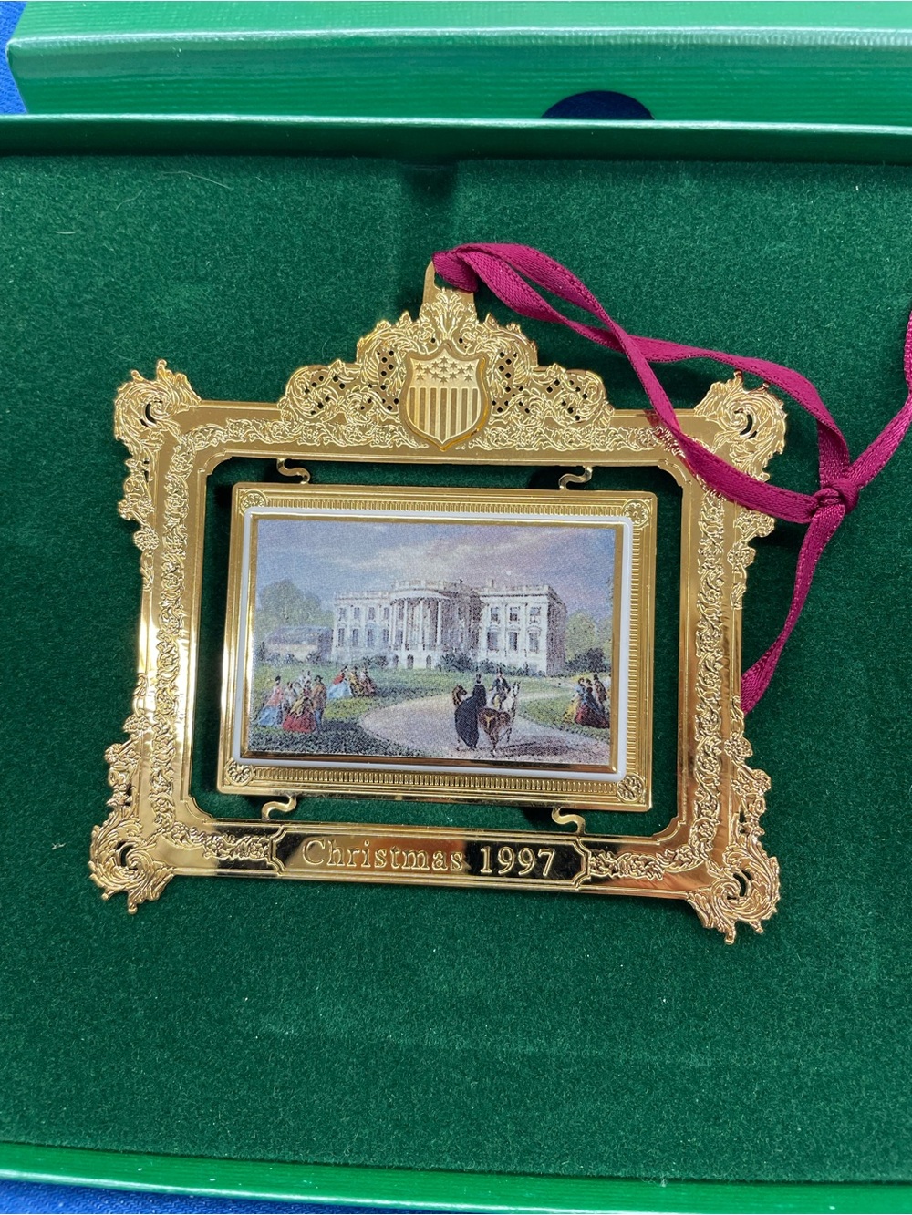 Gold Christmas 1997 White House Frame Ornament with Burgundy Ribbon